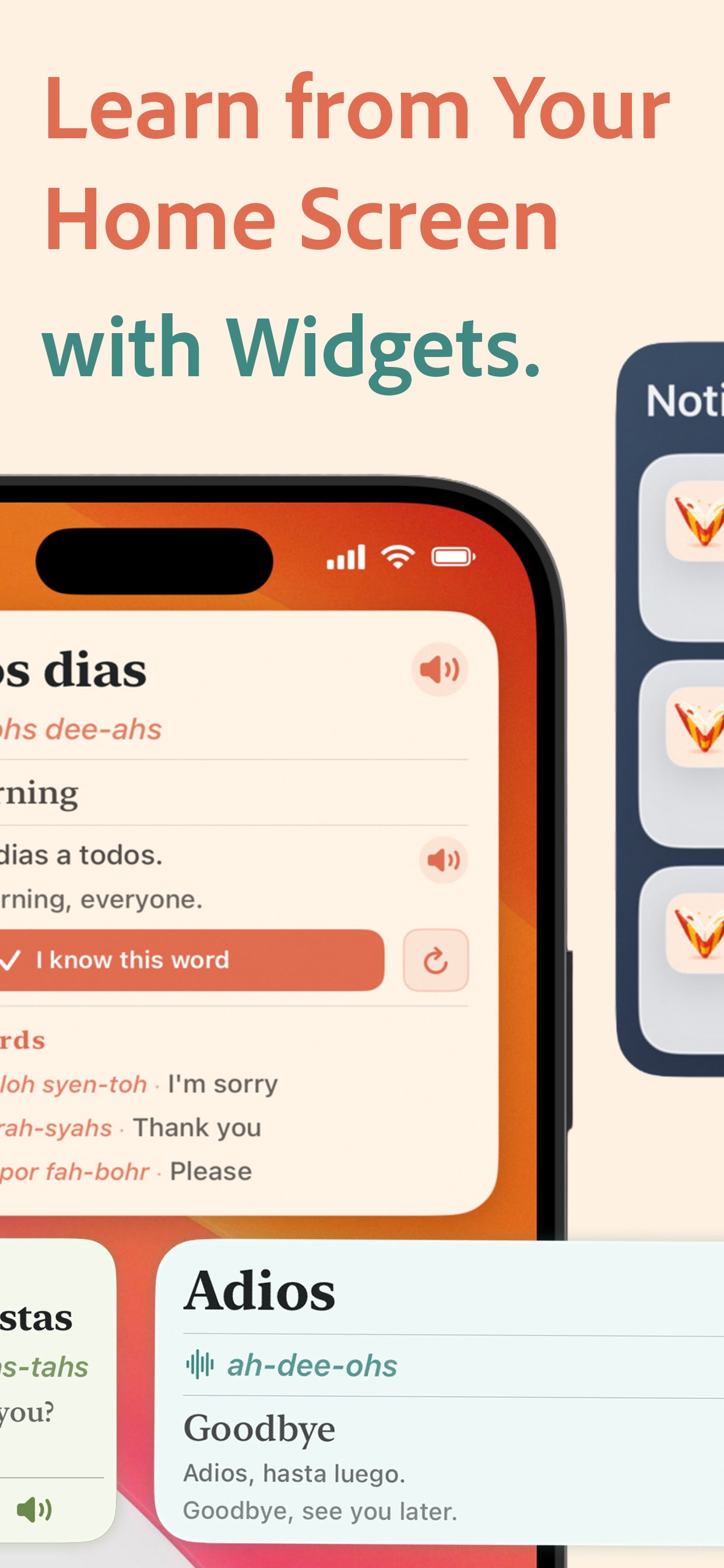 Vocabito flashcard review screen with Spanish-English translation